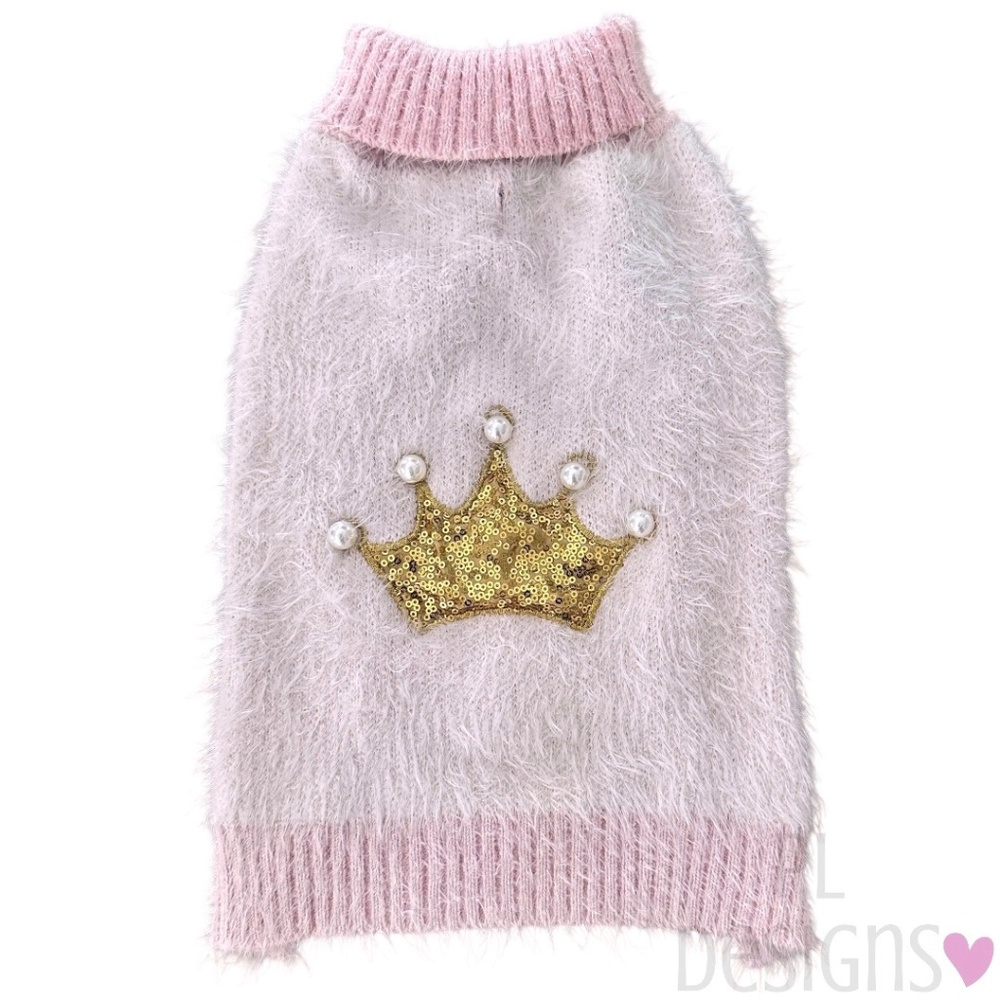 Coco Lane Couture Pink Sweater Gold Crown Pearls Dog Sweater Pet Sweater M NWOT